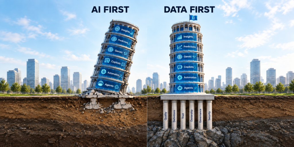 Infografía comparativa AI First vs Data First en el agro